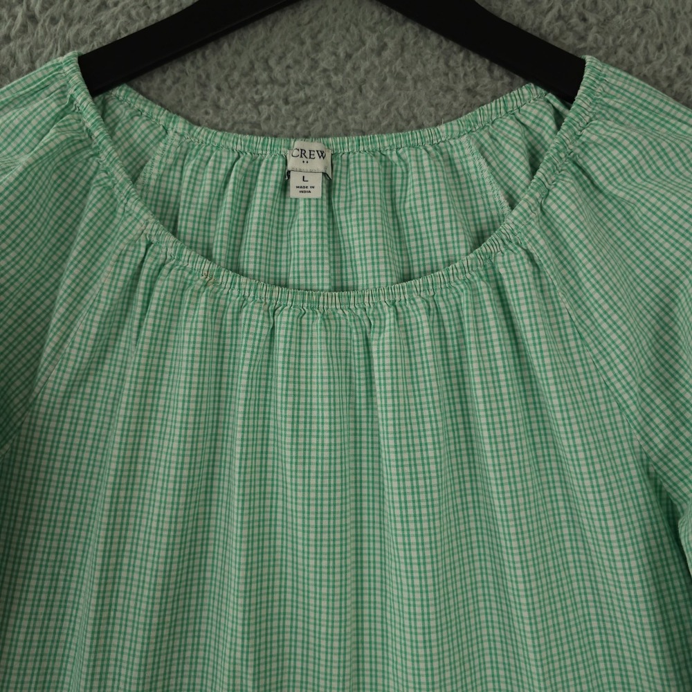 J Crew Dress Womens Large Green Gingham Cotton Blend Poplin Raglan Tiered Mini - Picture 7 of 12